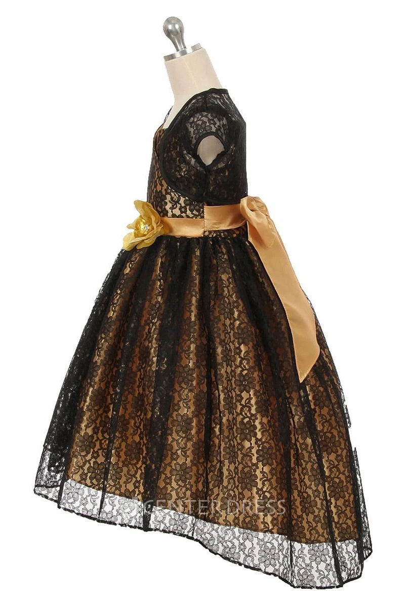 High-Low Criss-Cross Floral Lace Flower Girl Dress With Sash