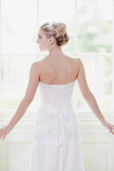 A-Line Draped Sweetheart Long Satin&Tulle Spring Wedding Dress With Beading And Corset Back