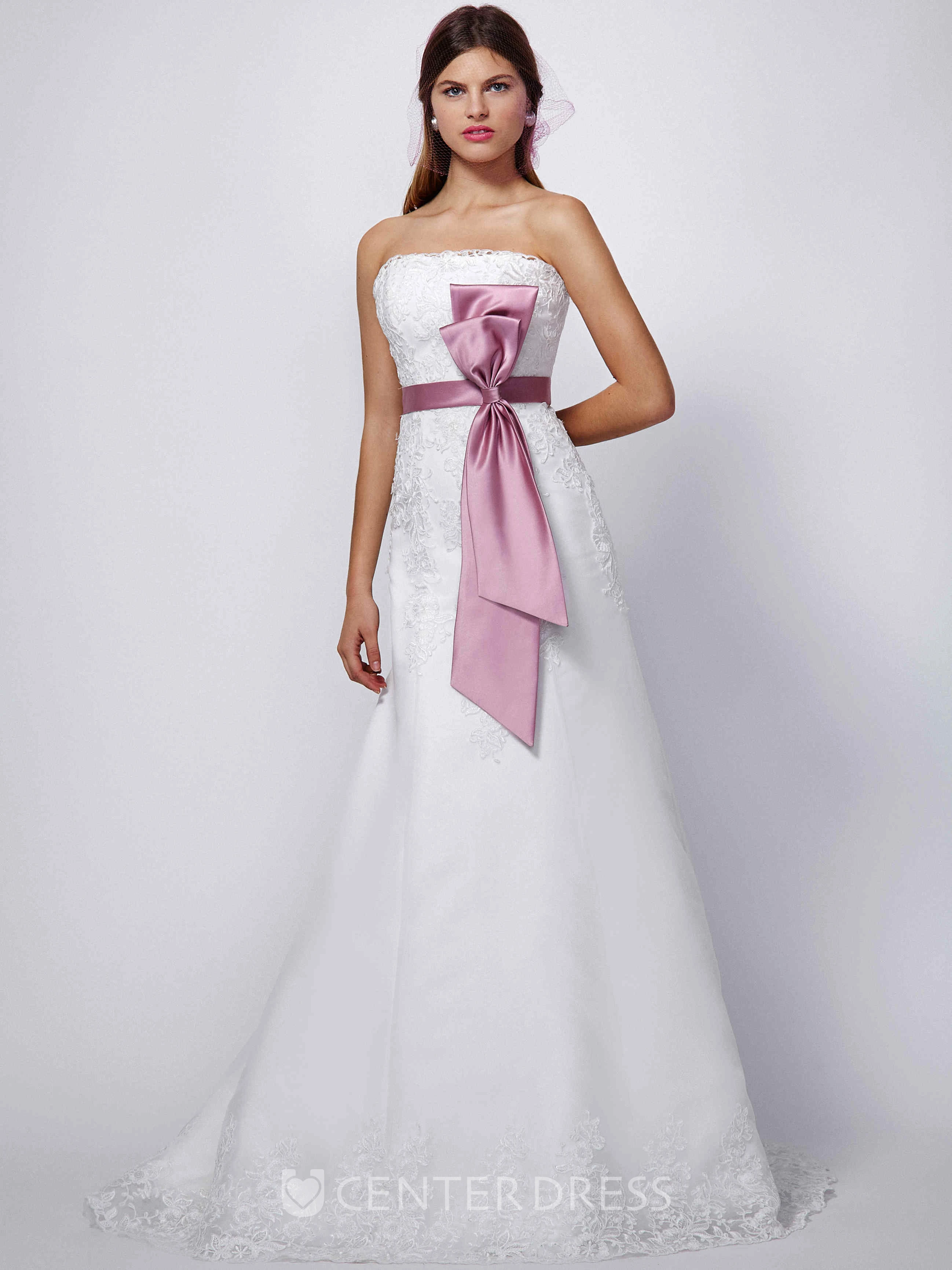 A-Line Strapless Sleeveless Appliqued Long Satin&Lace Wedding Dress With Bow