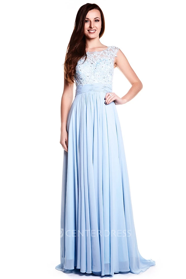 Cap Sleeve Bateau Neck Appliqued Chiffon Prom Dress With Illusion Back