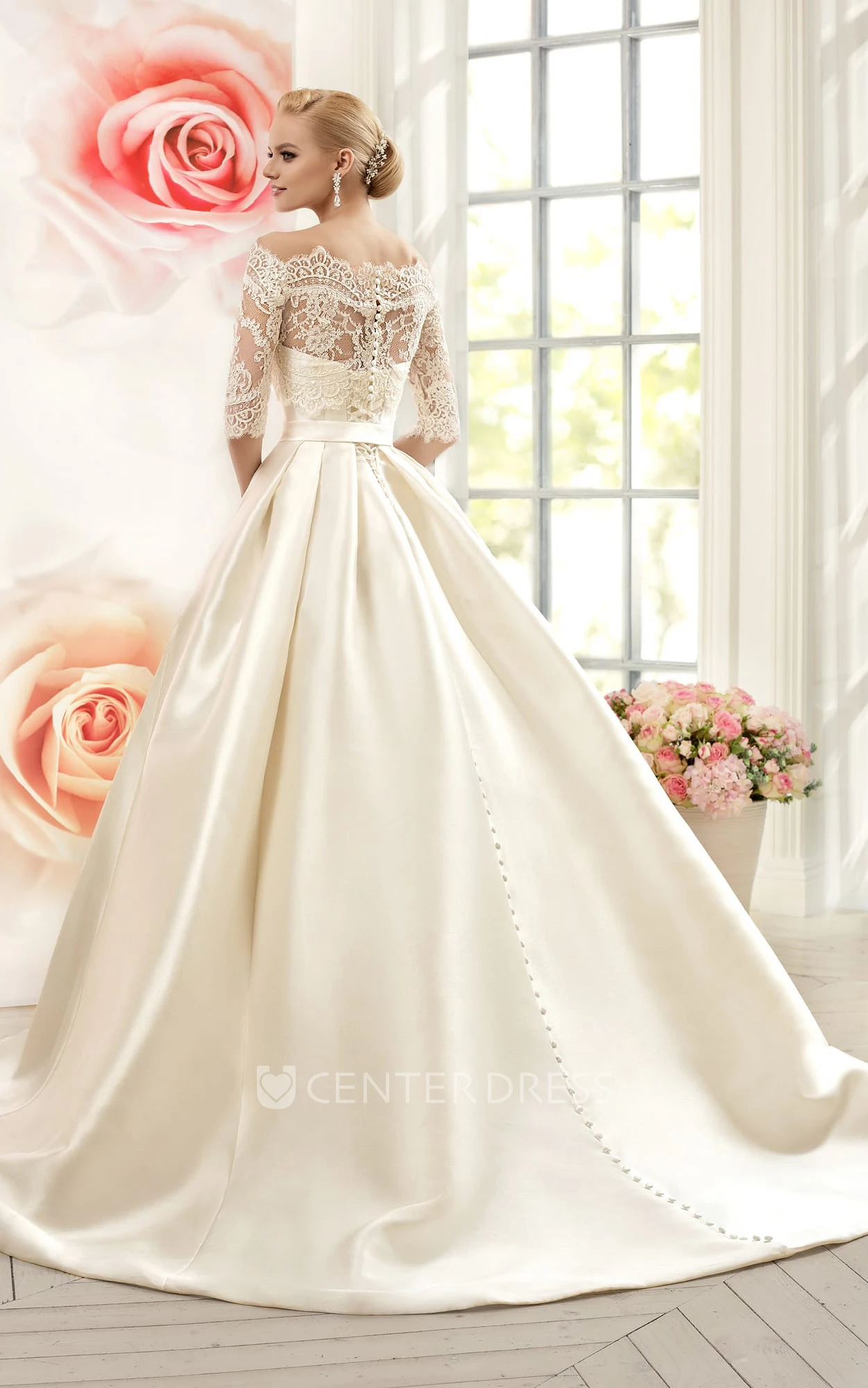 Ball Gown Floor-Length Jewel Long-Sleeve Corset-Back Satin Dress