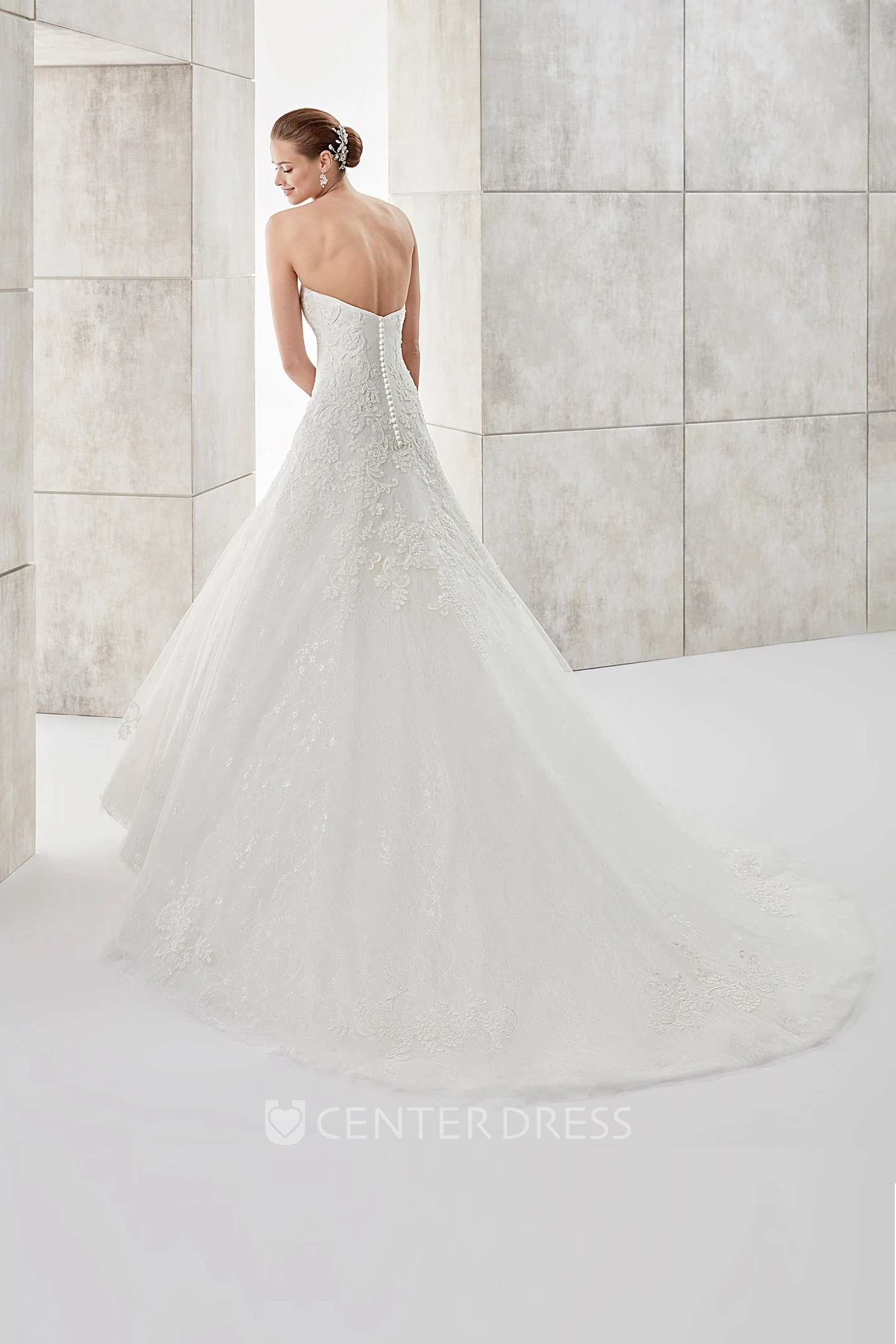 Simple Strapless A-line Wedding Dress with Appliques and Brush Train