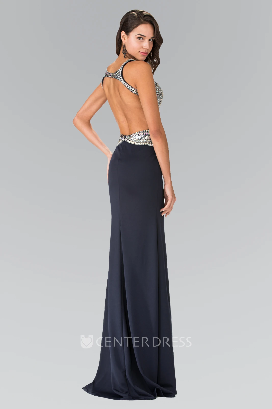 Sheath Jewel-Neck Sleeveless Jersey Backless Dress With Beading And Sequins