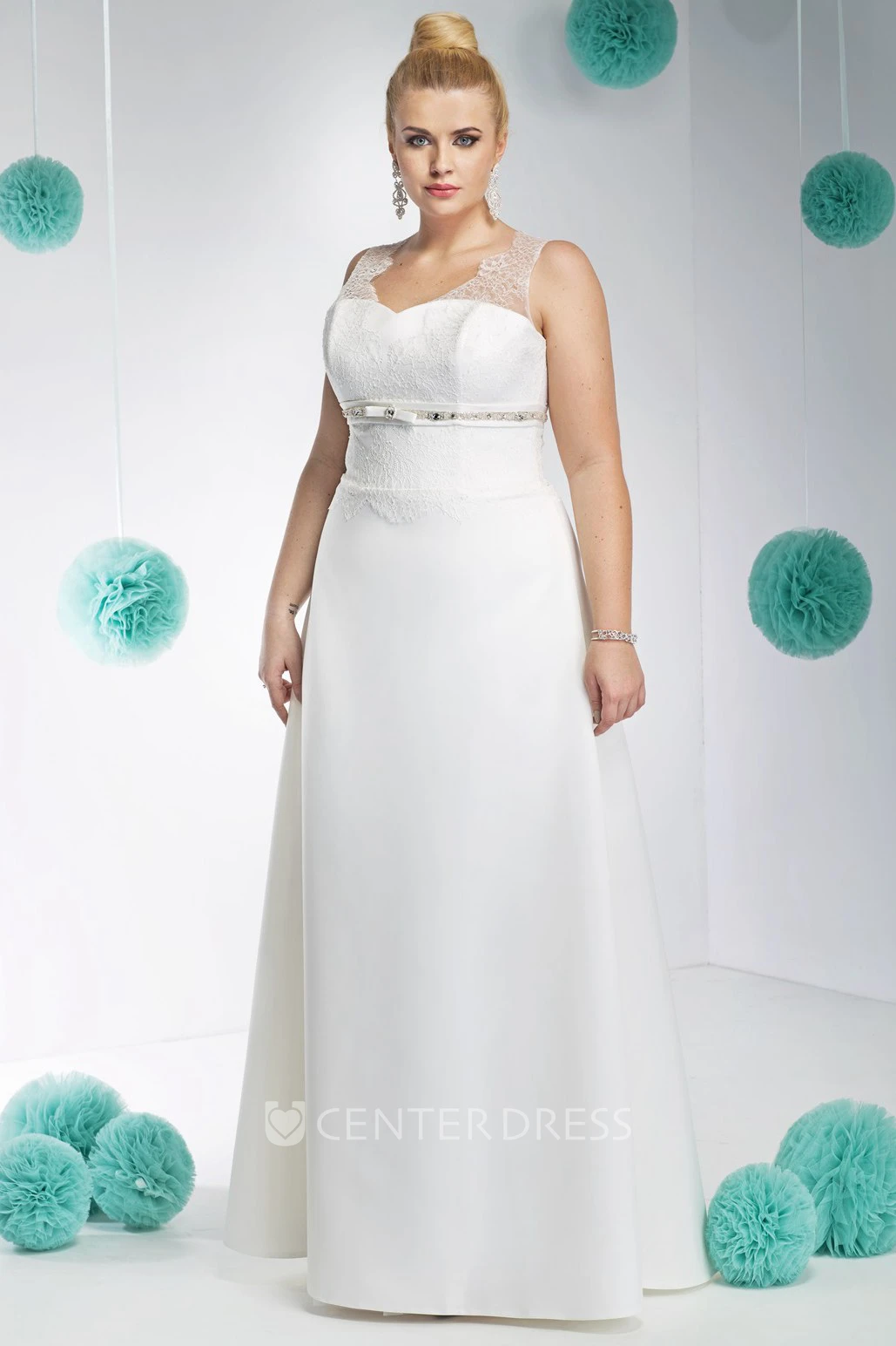 Sleeveless Long Lace V-Neck Satin Plus Size Wedding Dress With Waist Jewellery