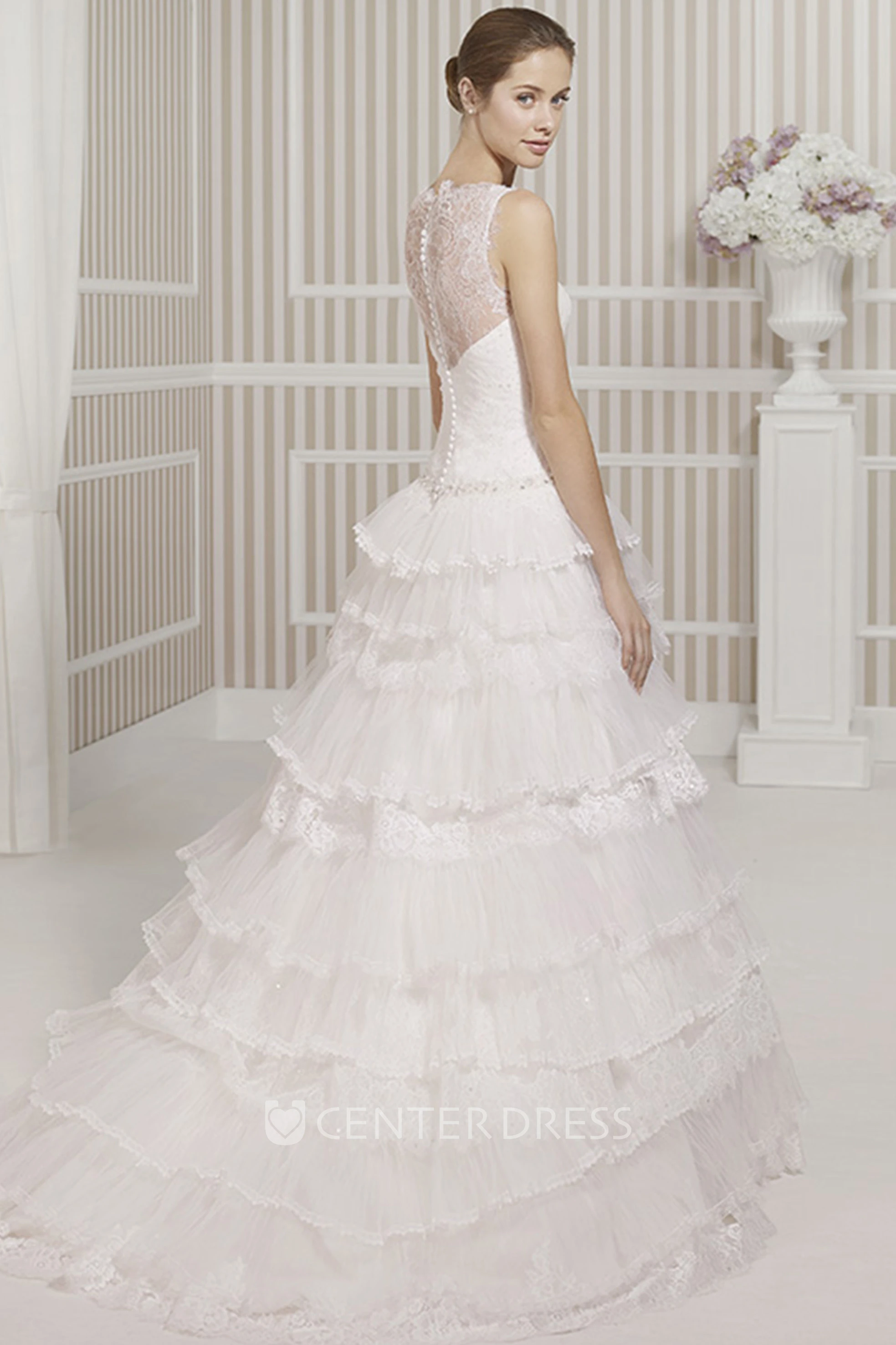 A-Line Tiered Floor-Length Bateau Sleeveless Tulle&Lace Winter Wedding Dress With Waist Jewellery And Illusion Back