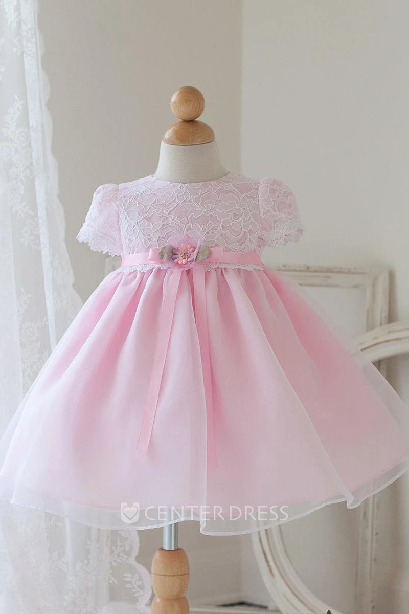 Tea-Length Bowed Floral Lace&Organza Flower Girl Dress With Ribbon
