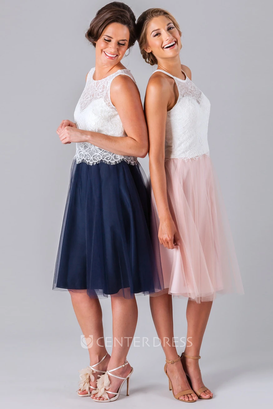 A-Line Scoop Mini Sleeveless Lace&Tulle Bridesmaid Dress With Illusion Back