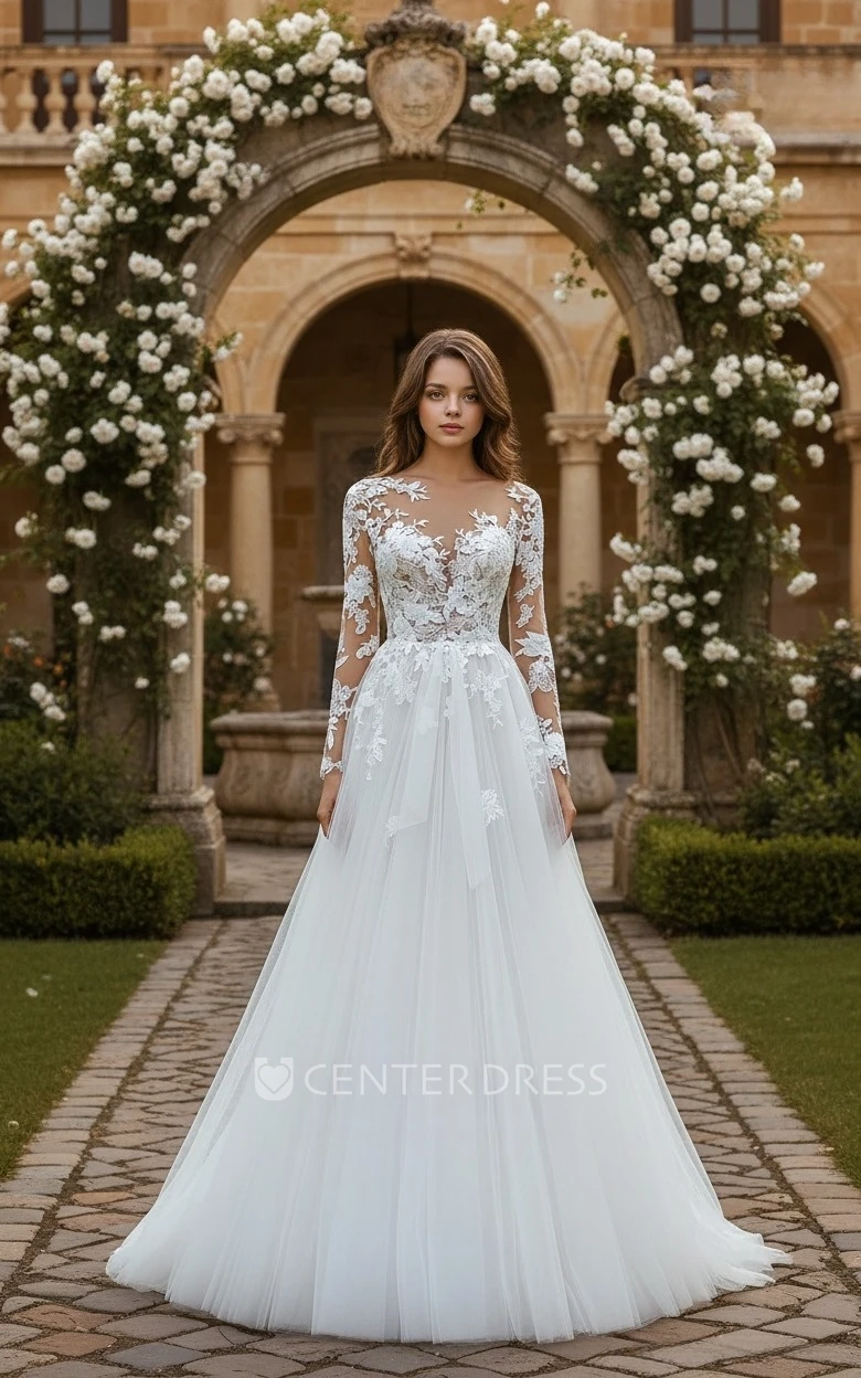 A Line Lace Floral Wedding Dress Illusion Long Sleeve Tulle Bridal Gown for Formal Ceremony
