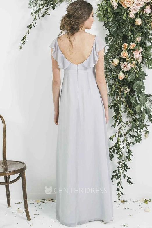 Pleated V-Neck Empire Poet Sleeve Chiffon Bridesmaid Dress With Waist Jewellery
