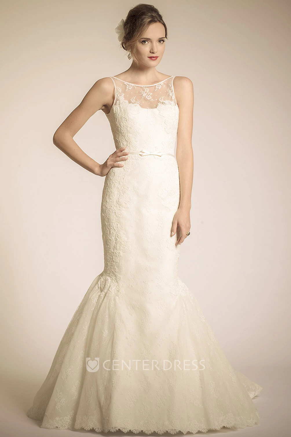 Mermaid Appliqued Scoop-Neck Floor-Length Sleeveless Lace Wedding Dress With Ruffles