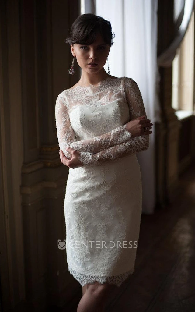 Short Sheath Lace Wedding Dress With High Neck Fitted Style