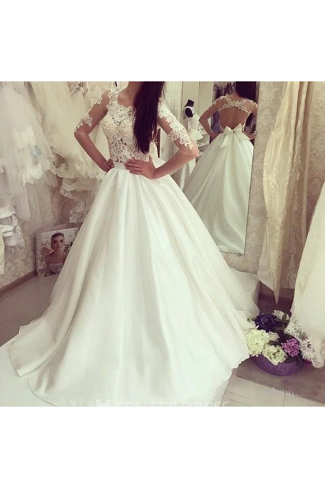 Ball Gown Jewel Satin Lace Open Back Wedding Dress
