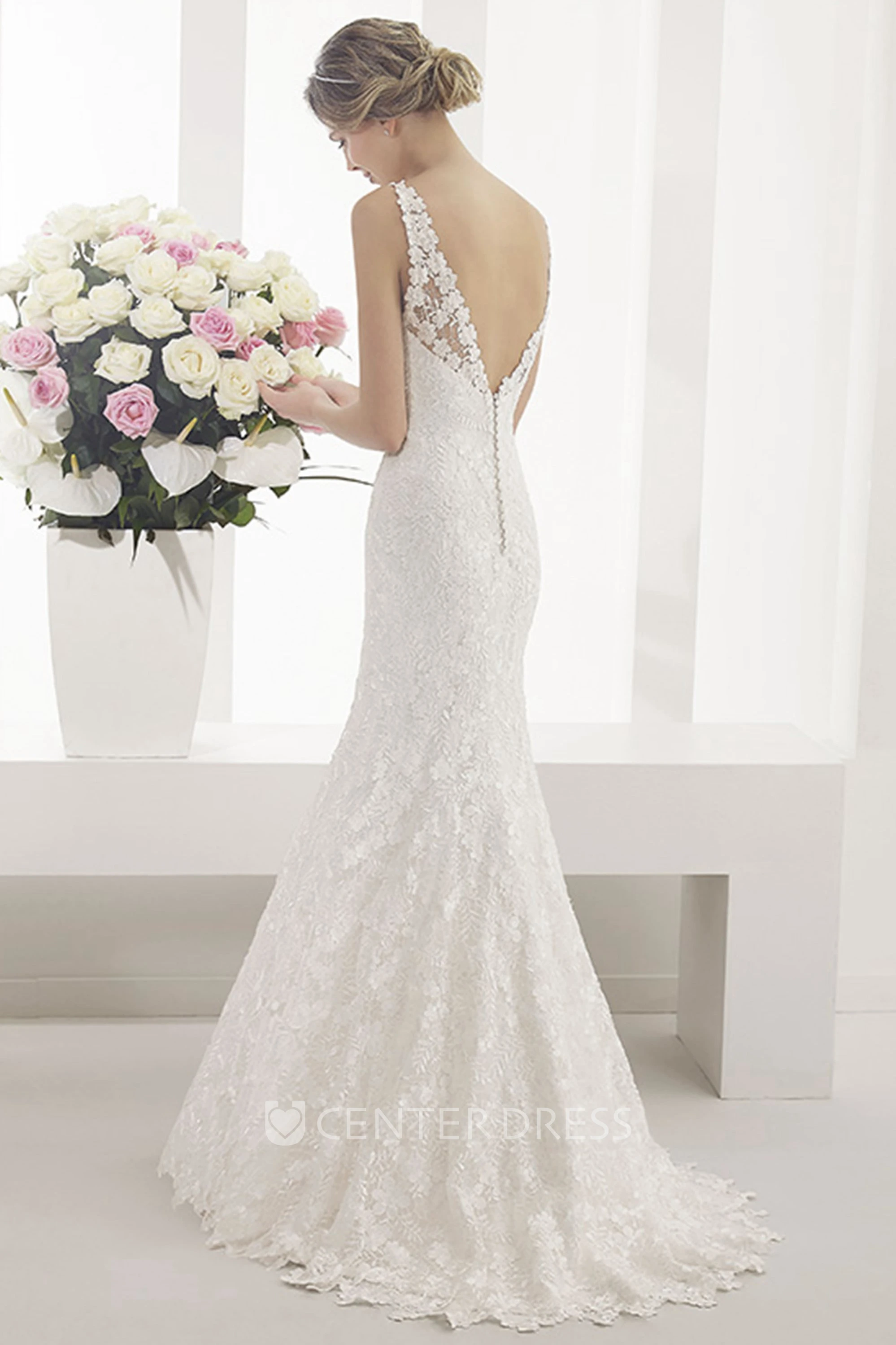 V Neck V Back Mermaid Bridal Gown With Allover Lace