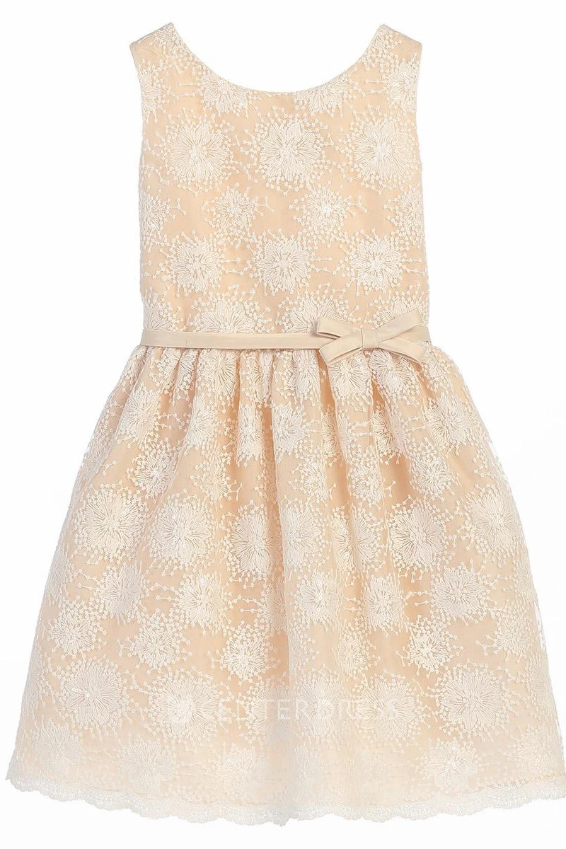 Knee-Length Scalloped Bowed Tiered Sequins&Satin Flower Girl Dress