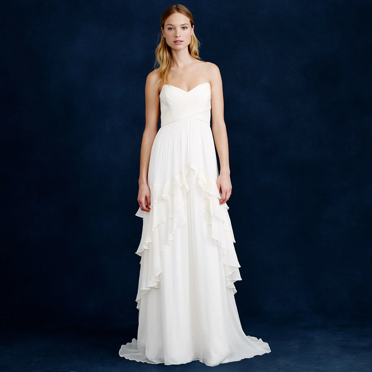 A-Line Tiered Sleeveless Strapless Long Chiffon Wedding Dress With Draping
