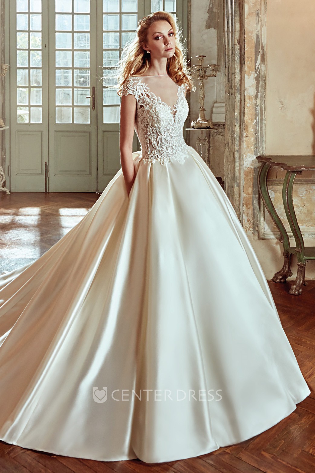 V Neck A line Wedding Dress With Lace Bodice and Satin Skirt