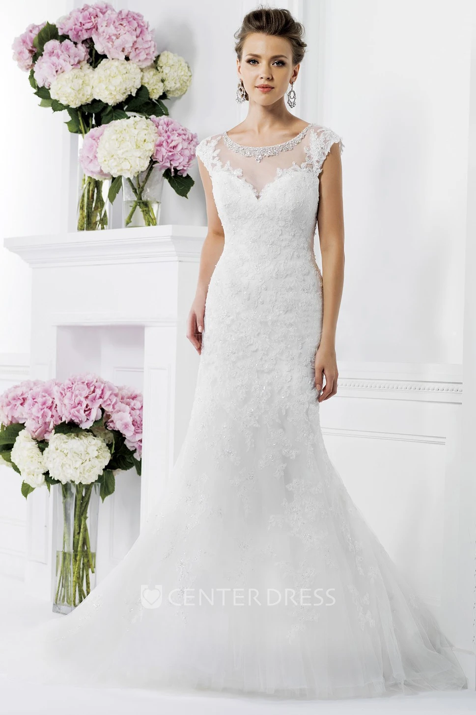 Cap-Sleeved Mermaid Wedding Dress With Beaded Illusion Neck And Low V-Back
