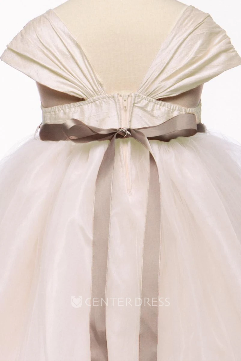 Tea-Length Empire Cap-Sleeve Ruched Tulle&Satin Flower Girl Dress