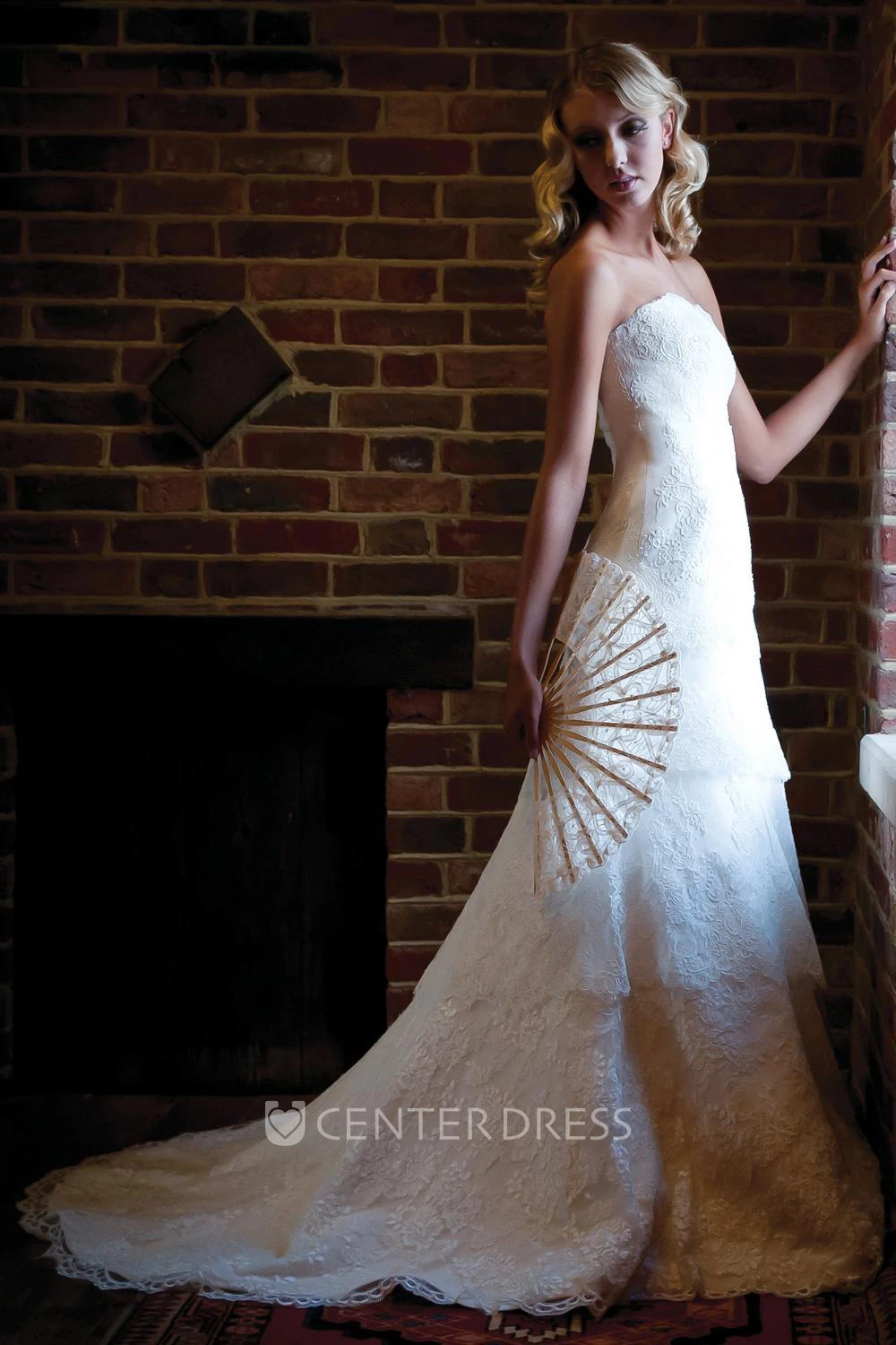 A-Line Long Appliqued Sleeveless Strapless Lace Wedding Dress With Tiers