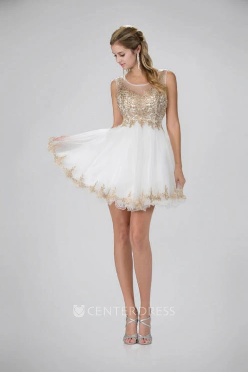 A-Line Short Bateau Sleeveless Illusion Dress With Appliques