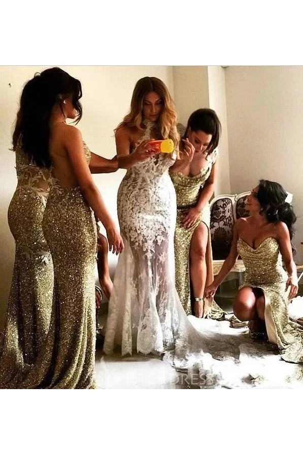 Sleeveless A-line Halter Floor-length Sequins Bridesmaid Dress with Split Front