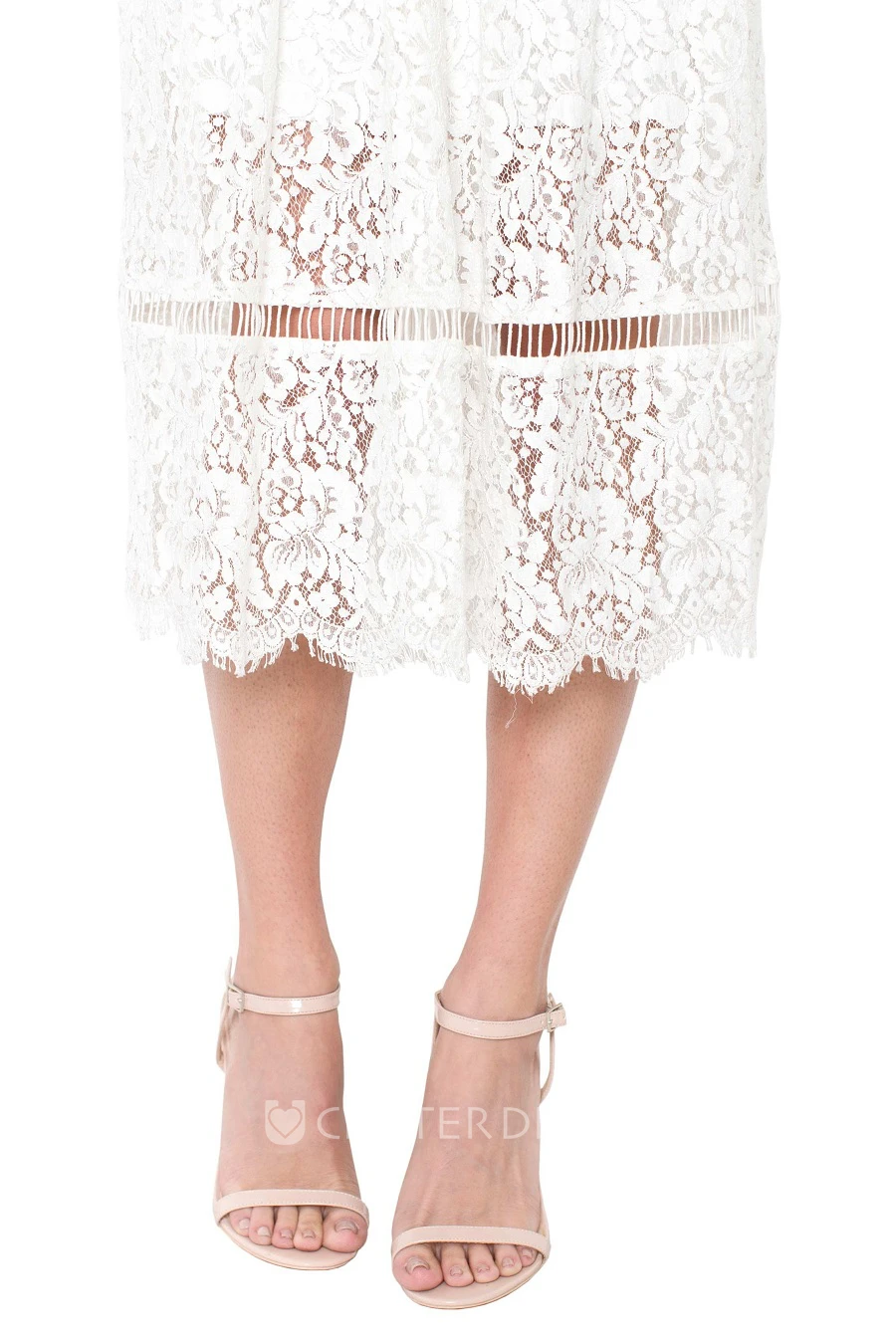 Pencil Tea-Length Spaghetti Sleeveless Lace Little White Dress With Deep-V Back