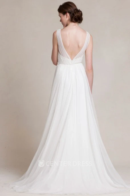 A-Line Jeweled V-Neck Long Sleeveless Tulle Wedding Dress With Pleats