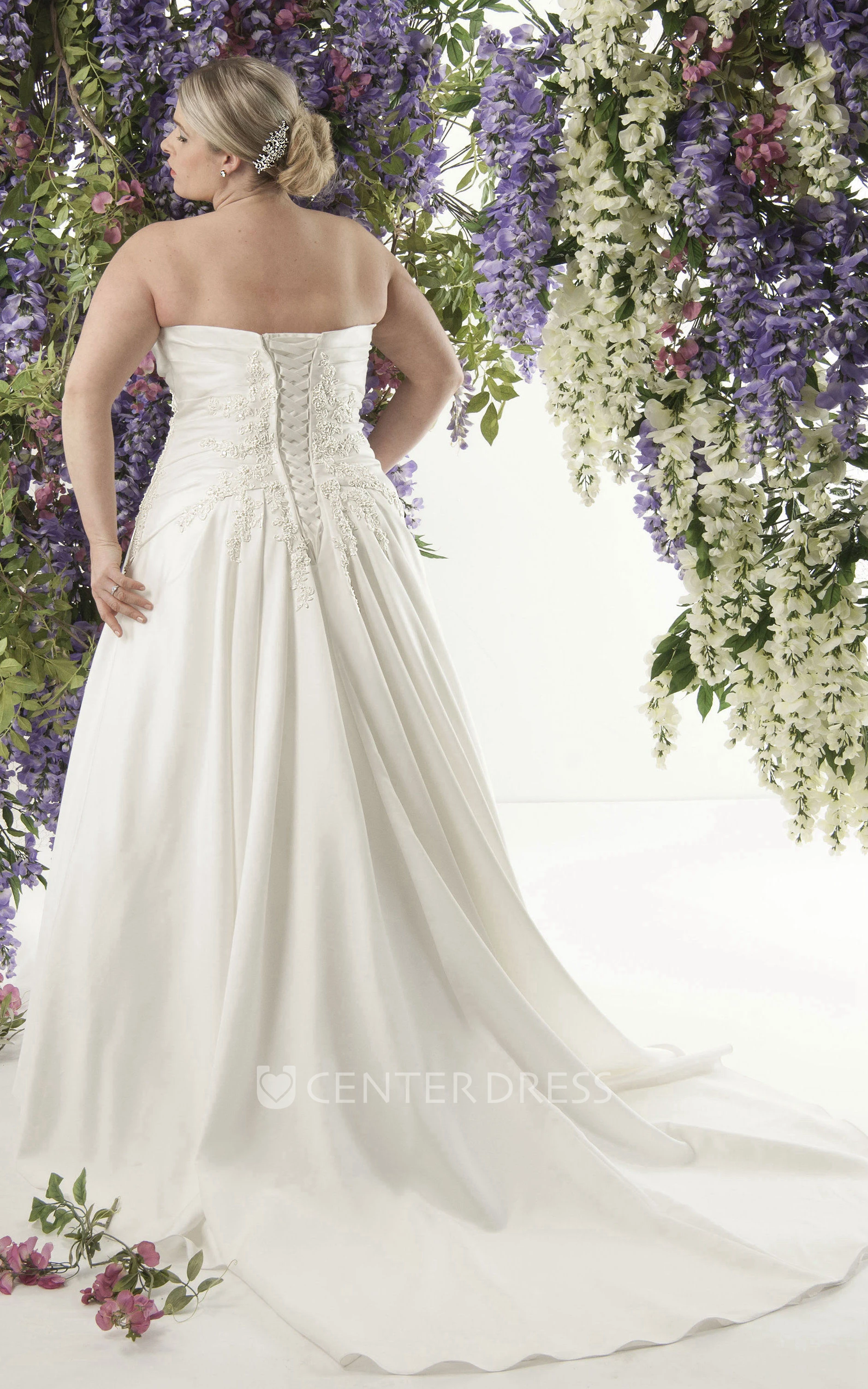 Strapless Side-Ruched Sheath Dress With Lace Top