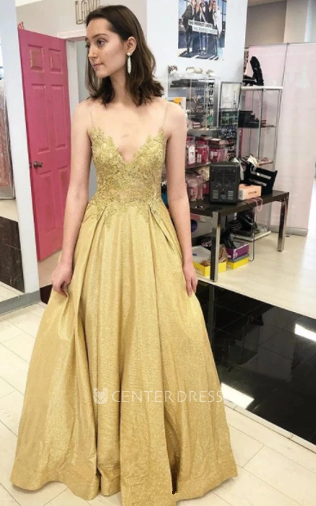 Modern Taffeta Sleeveless Floor-length A Line V-neck Prom Dress