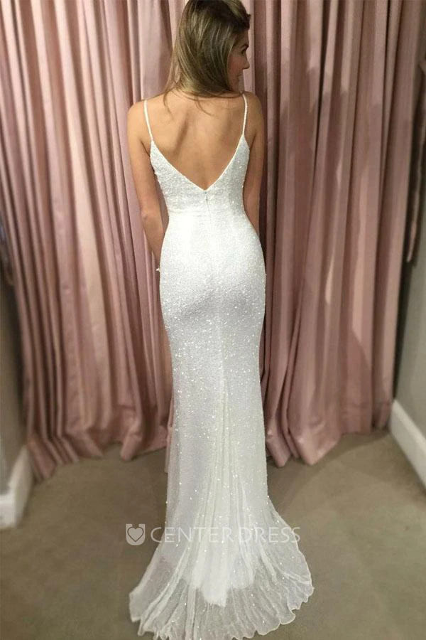 Sleeveless Sweep Brush Train Sheath Spaghetti Sequins Dress