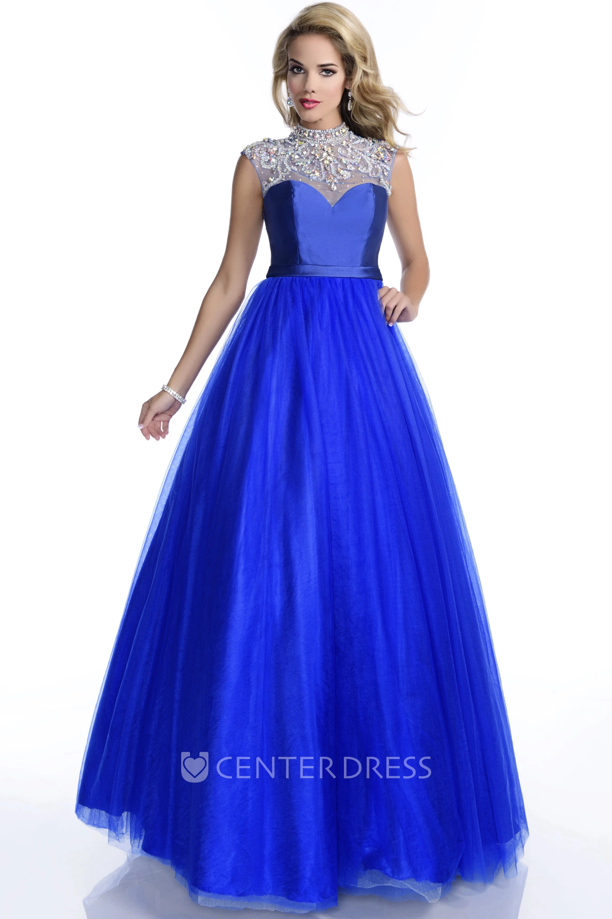 Sophisticated A-Line Cap Sleeve High Neck Tulle Prom Dress With Rhinestones Appliques