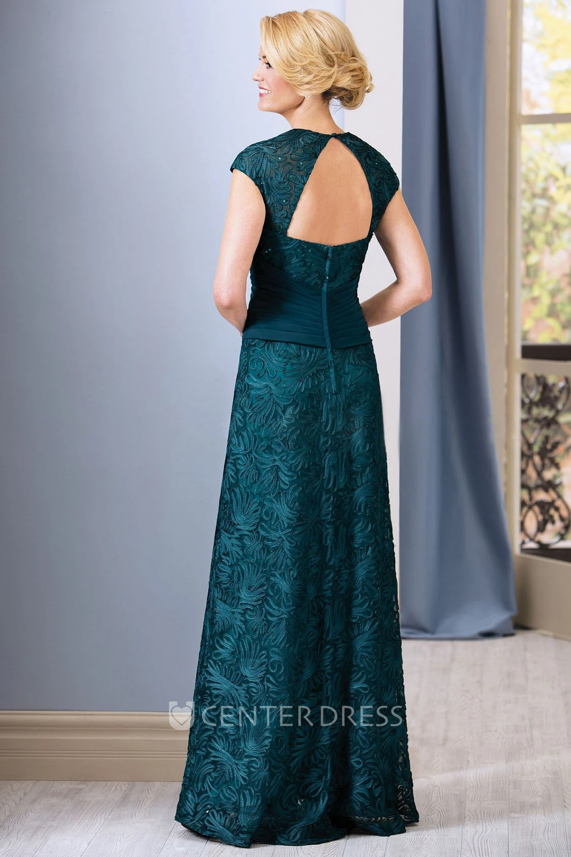 Cap-Sleeved Mother Of The Bride Dress With Crisscross Ruches And Keyhole Back