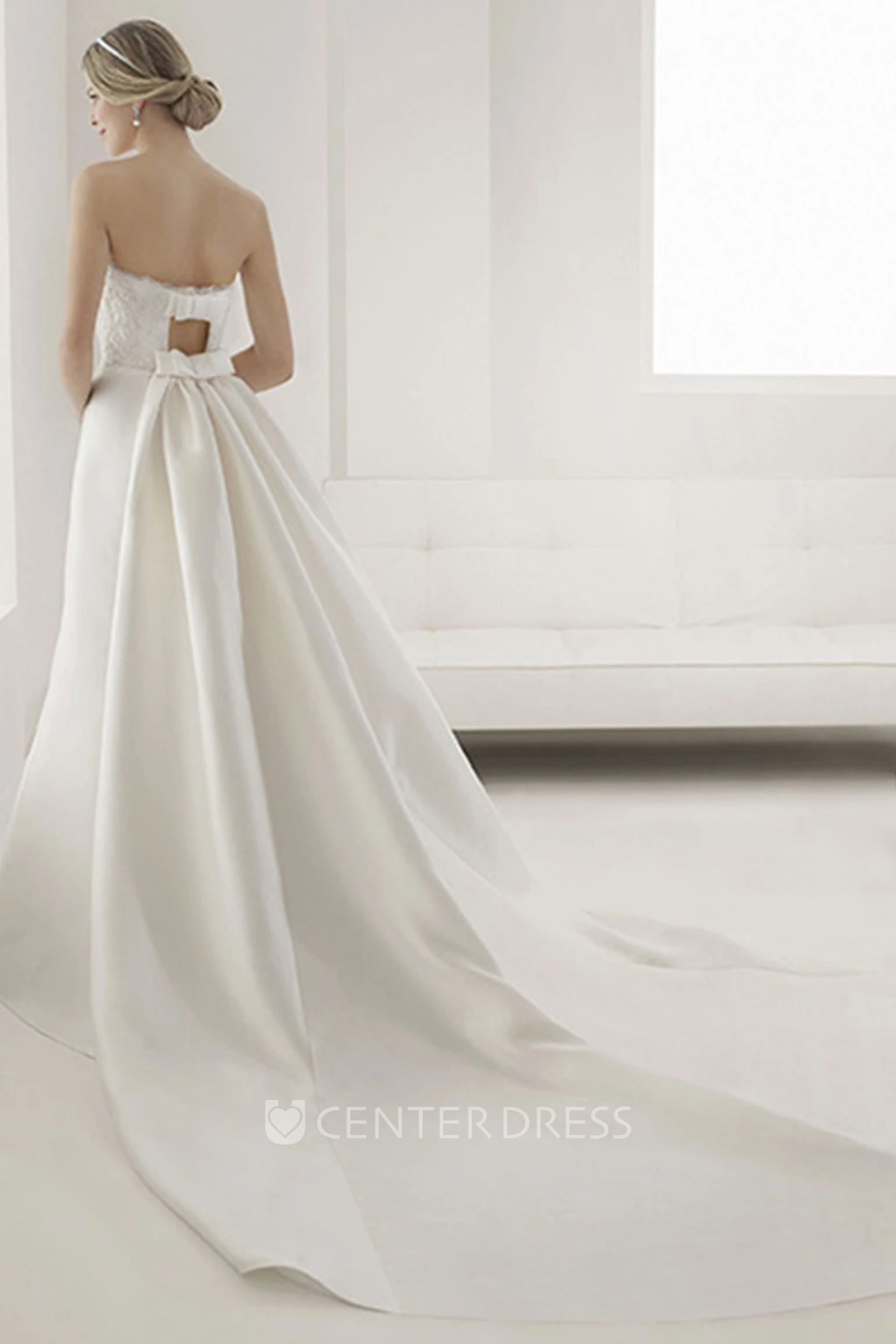 Strapless Lace Top Sheath Satin Bridal Gown With Back Keyhole And Bows