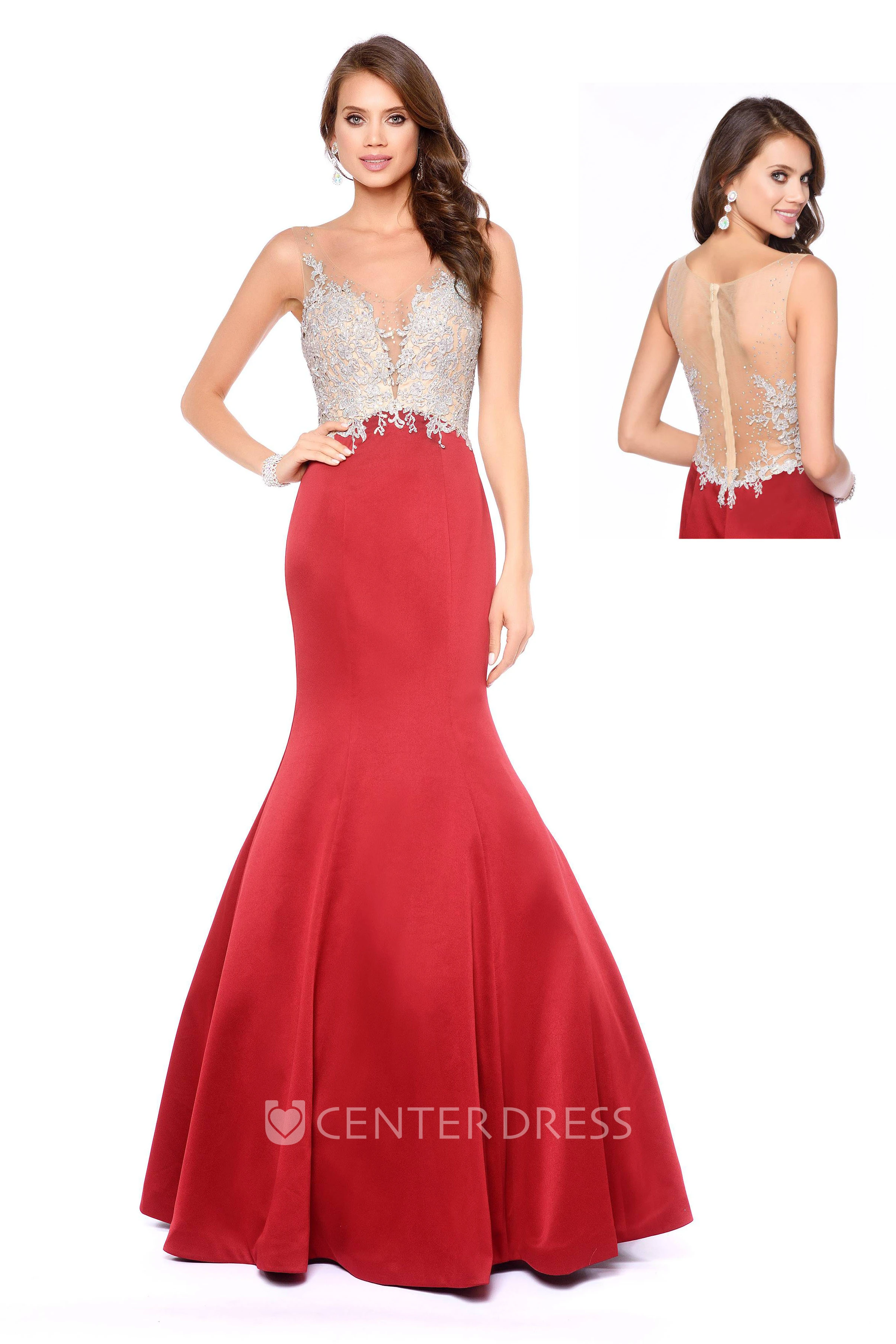 Mermaid Maxi V-Neck Sleeveless Satin Illusion Dress With Appliques