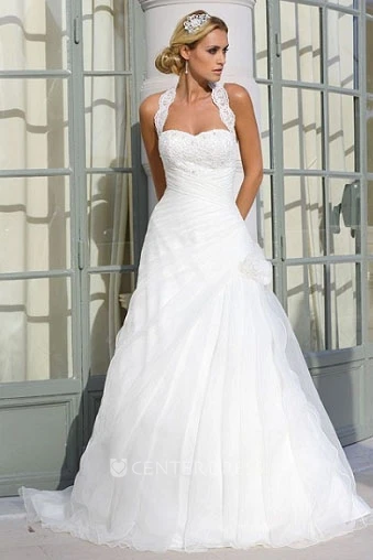 A-Line Halter Sleeveless Appliqued Floor-Length Tulle Wedding Dress With Flower And Draping