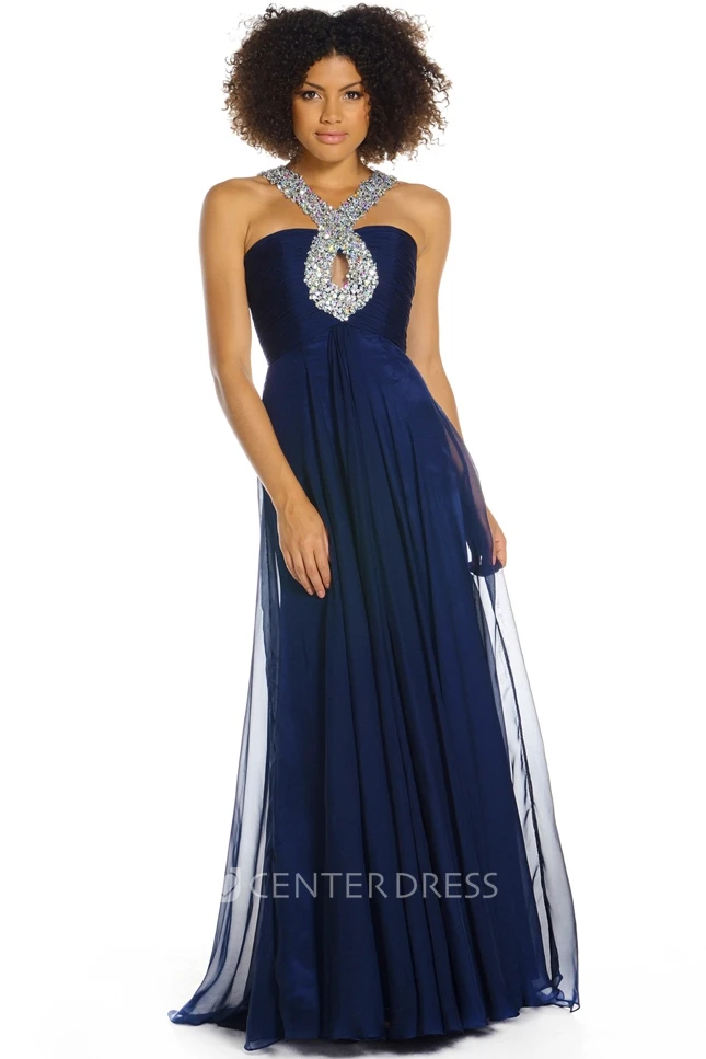 Sleeveless Beaded Strapped Chiffon Prom Dress With Ruching