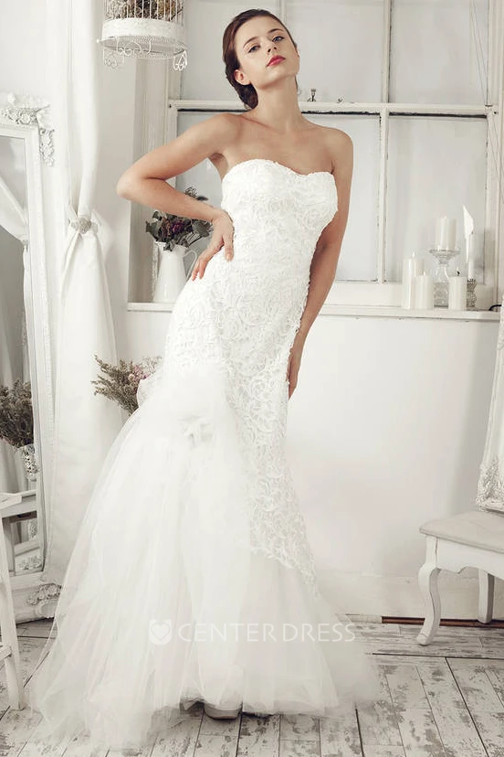 Trumpet Strapless Long Tulle Wedding Dress With Lace