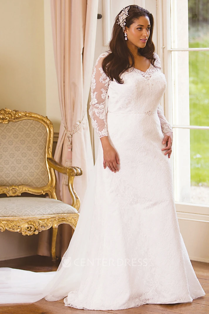 Long Sleeve Floor Length V Neck Lace Plus Size Wedding Dress With Appliques And Illusion