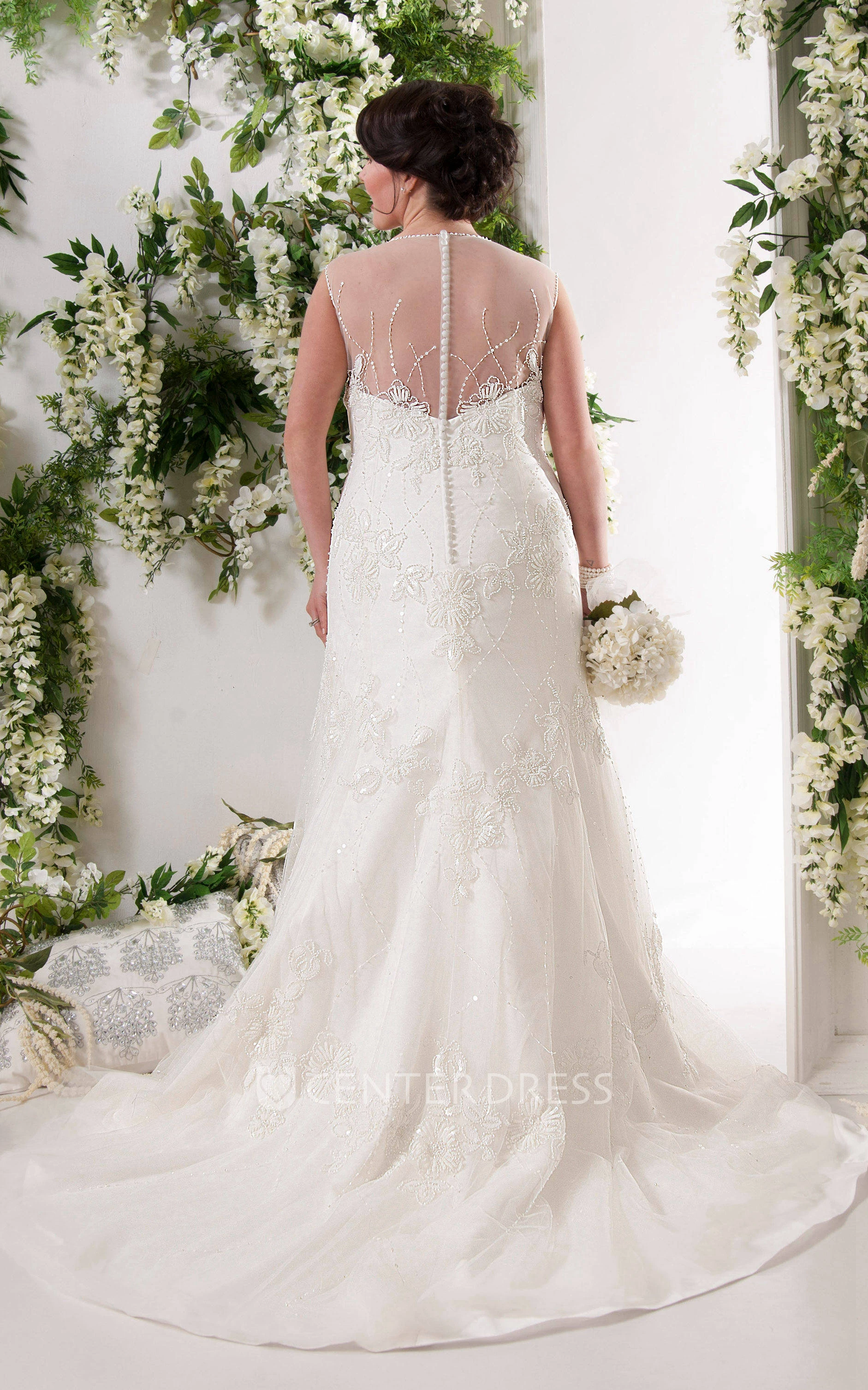 Illusion Caped-Sleeve Sheath Dress With Lace And Beading