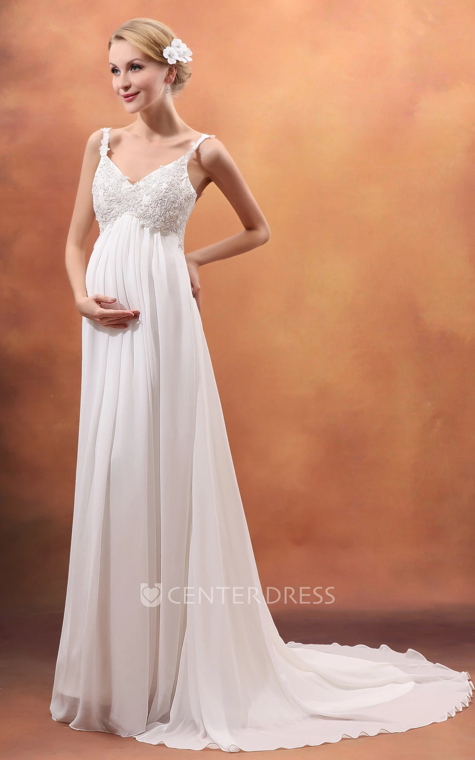 Empire V-Neck Maternity Wedding Dress With Spaghetti Straps