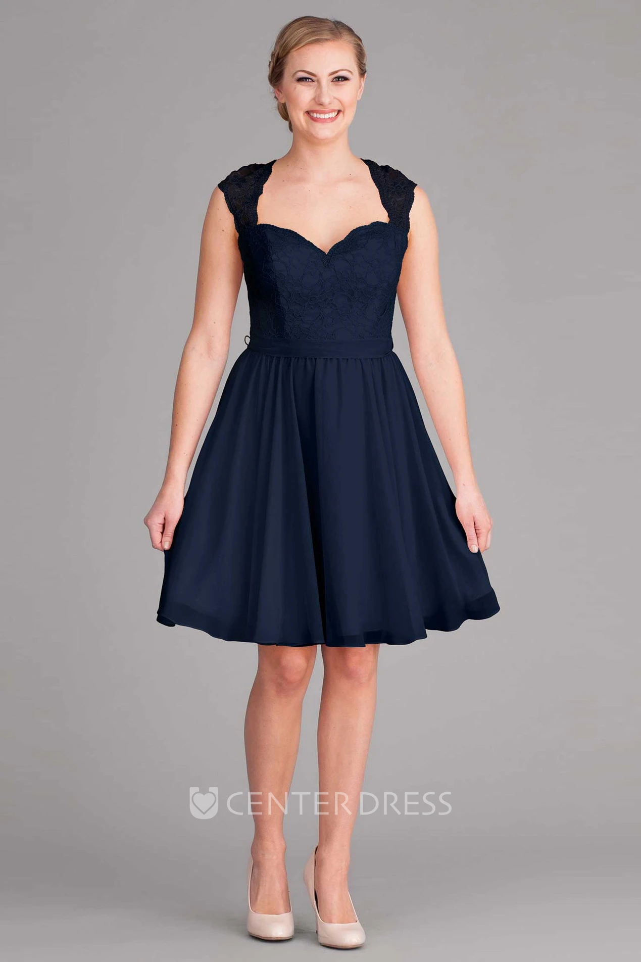 Knee-Length Cap Sleeve V-Neck Lace Chiffon Bridesmaid Dress