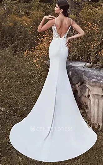 Satin Mermaid Wedding Dress with Spaghetti Straps and Appliques Casual Satin Applique Wedding Dress