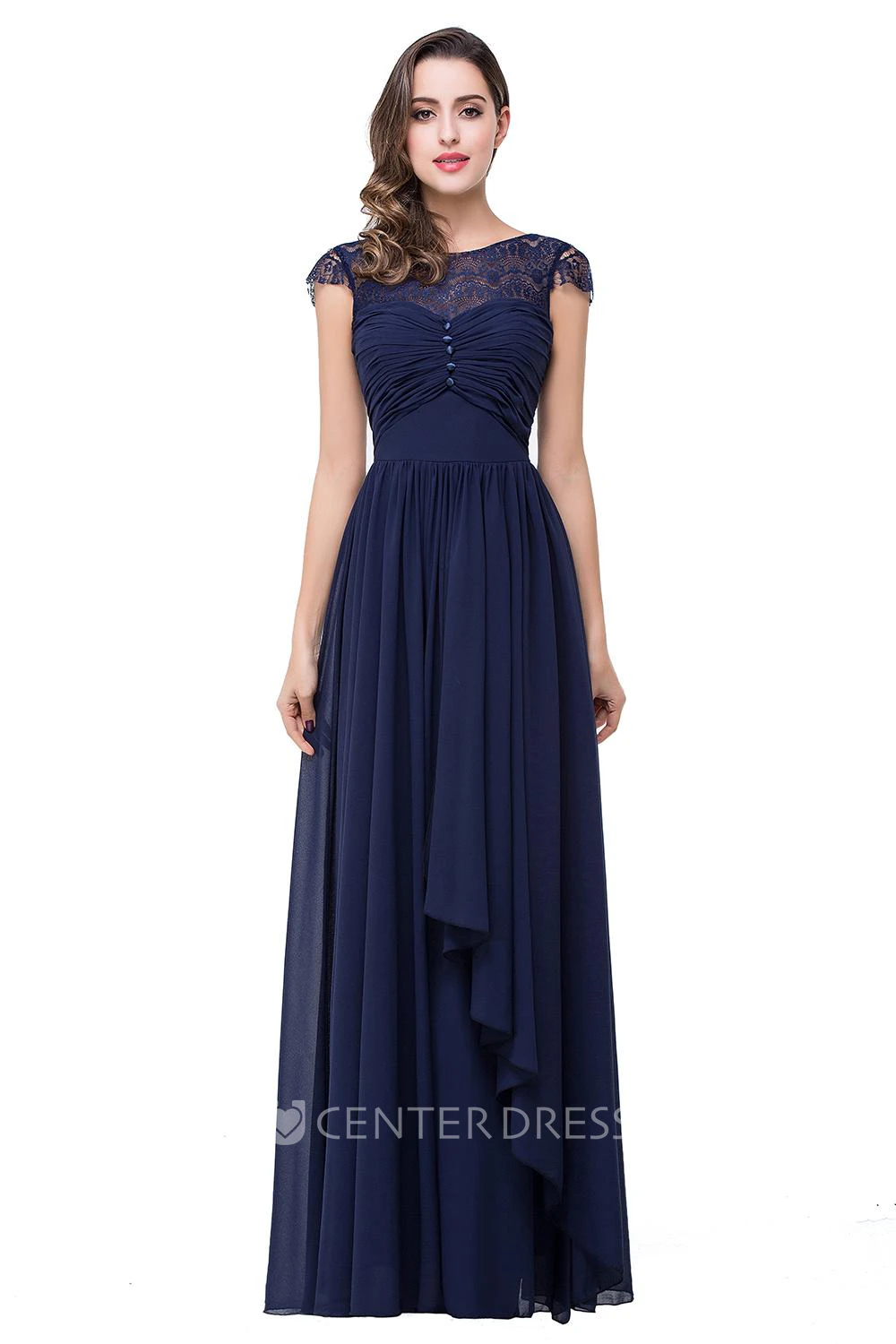 Elegant Chiffon Lace A-line Prom Dress Bowknot Cap Sleeve
