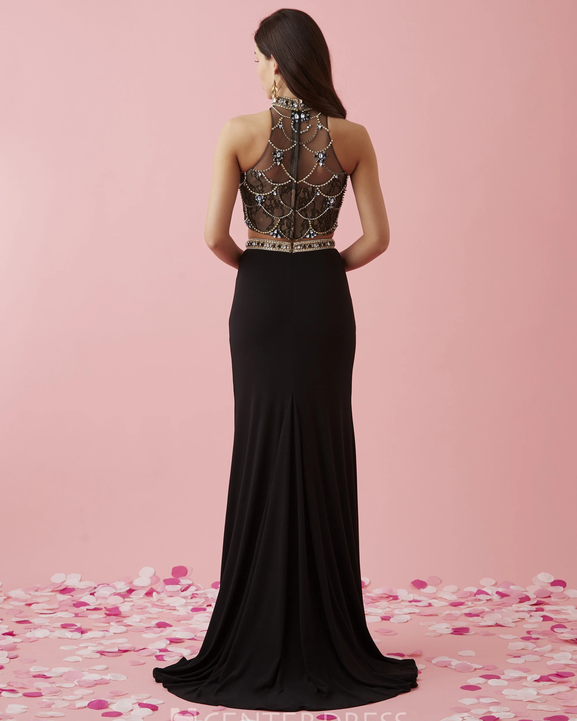 Two-Piece Sheath High Neck Sleeveless Jersey Lace Illusion Dress With Beading And Split Front