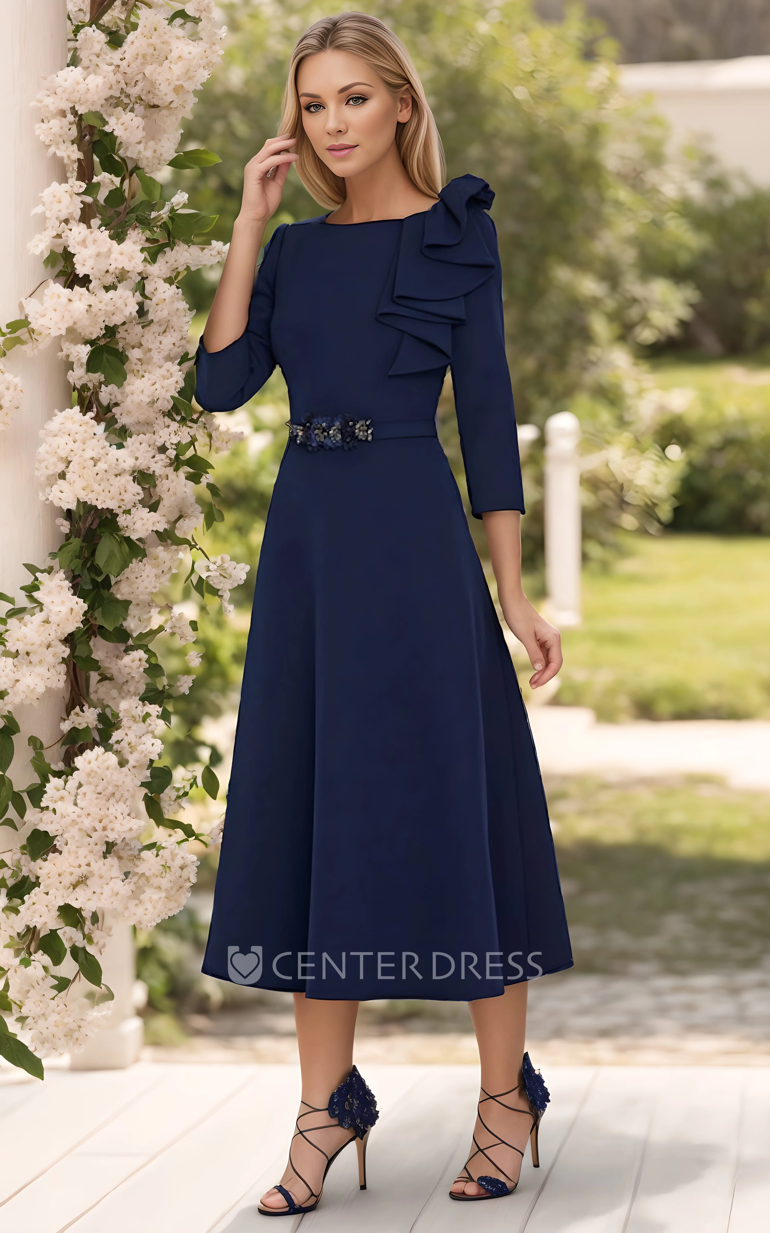 Modest A-Line 3/4 Length Sleeve Wedding Guest Gown Simple Casual Dark Navy  Blue Mother of the Bride Gown with Sash - UCenter Dress