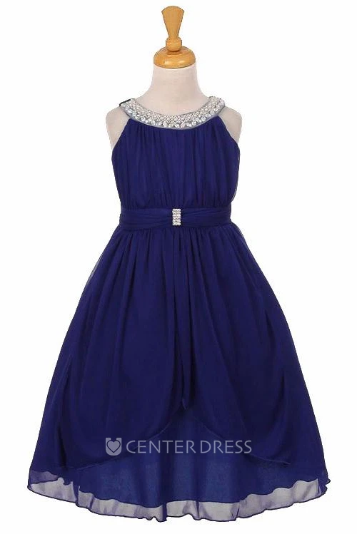 Tea-Length Peplum Tiered Pleated Chiffon&Tulle Flower Girl Dress With Sash