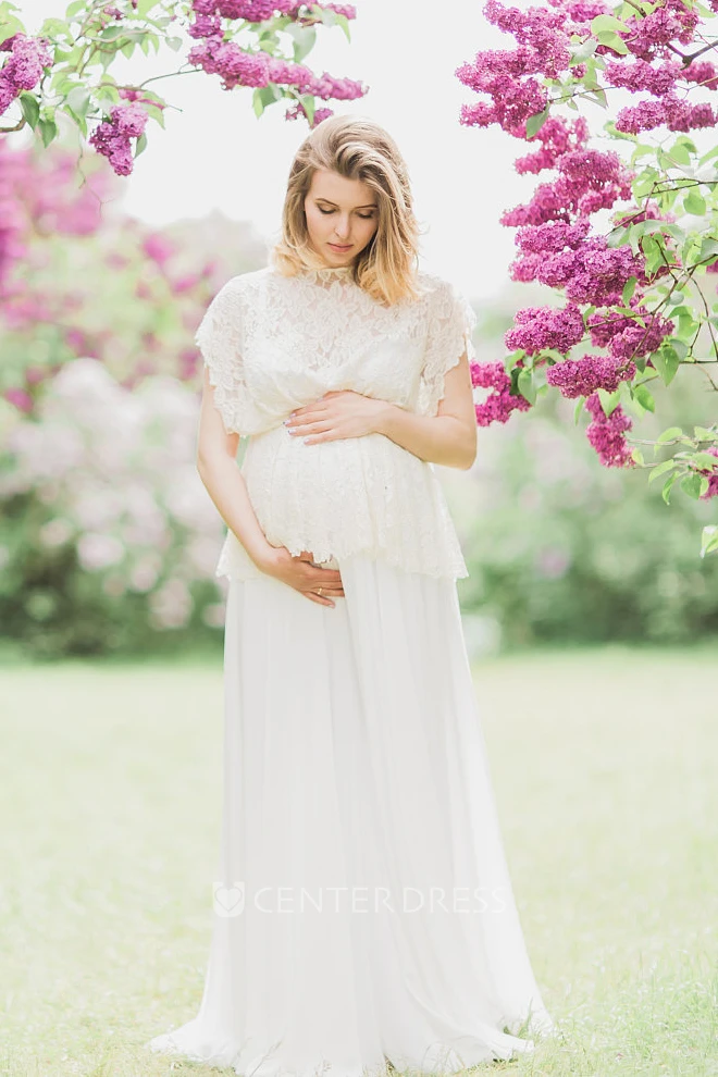 A-Line Sweep Brush Train Short Sleeve Empire Maternity Wedding Dress