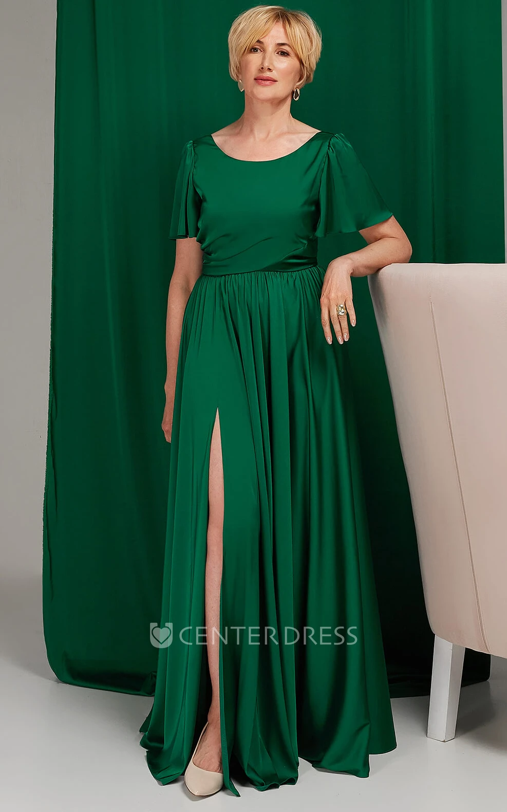 Simple A Line Bateau Satin Floor-length Low-V Back Mother of the Bride Dress with Split Front