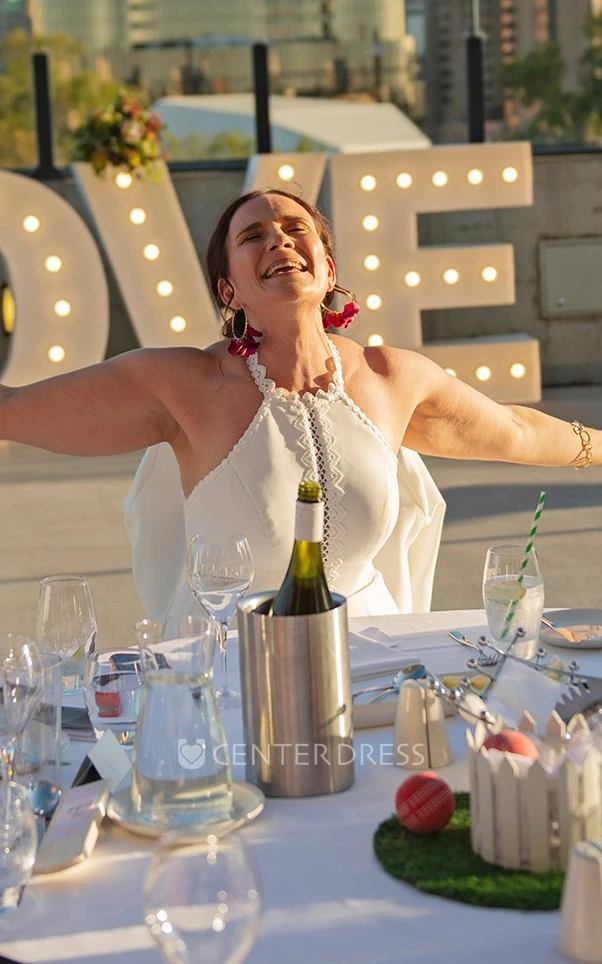 Simple A-Line Halter Satin Warm Wedding Dress With Open Back And Lace