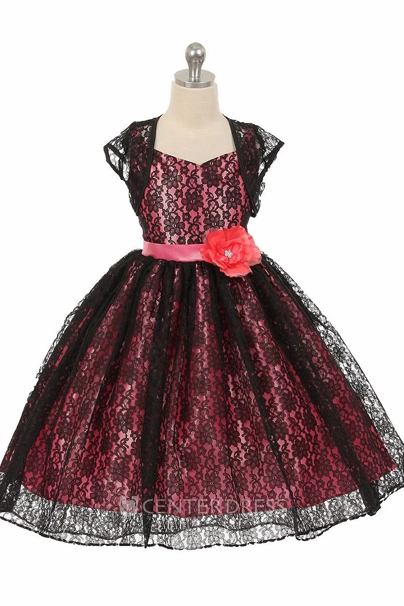 High-Low Floral Criss-Cross Lace Flower Girl Dress With Ribbon